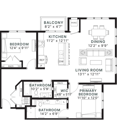 Floor plan for 2 beds, 2 baths, 1272 sqft